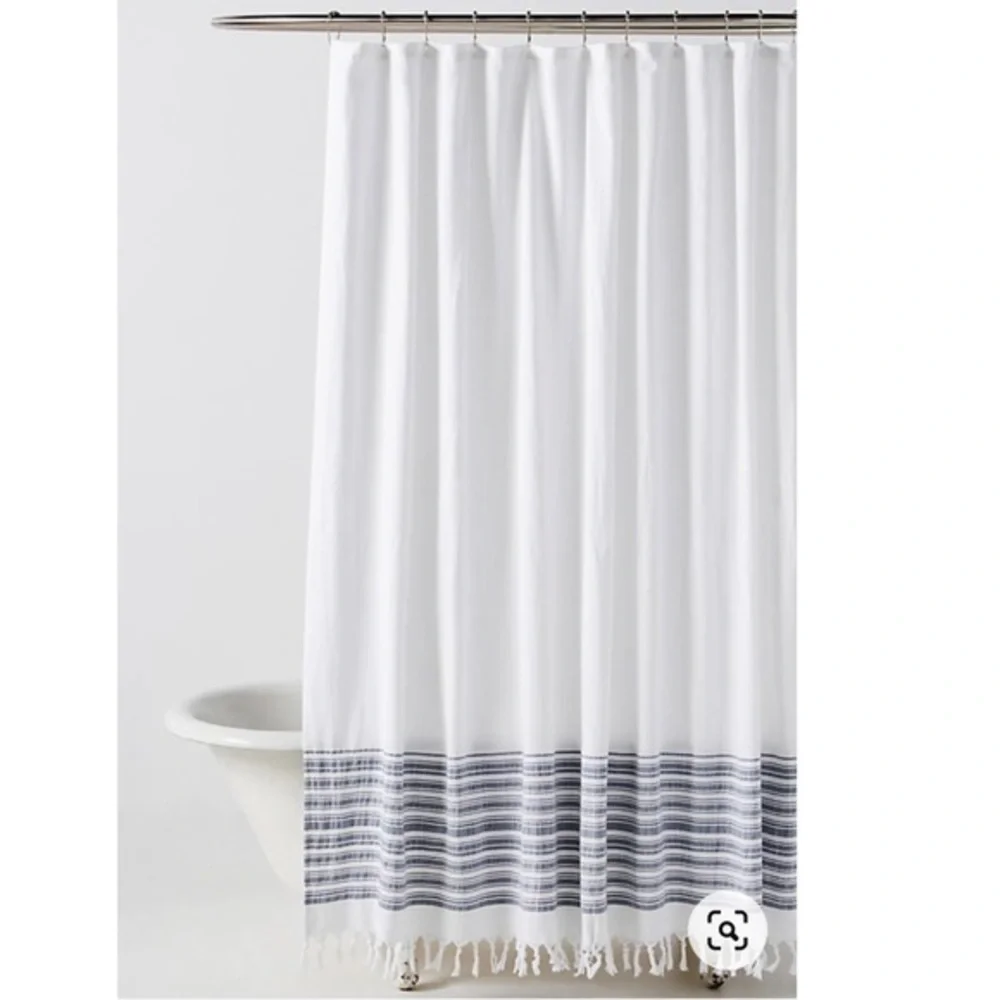 Anthropologie Tasseled Raya Shower Curtain -Blue Stripes